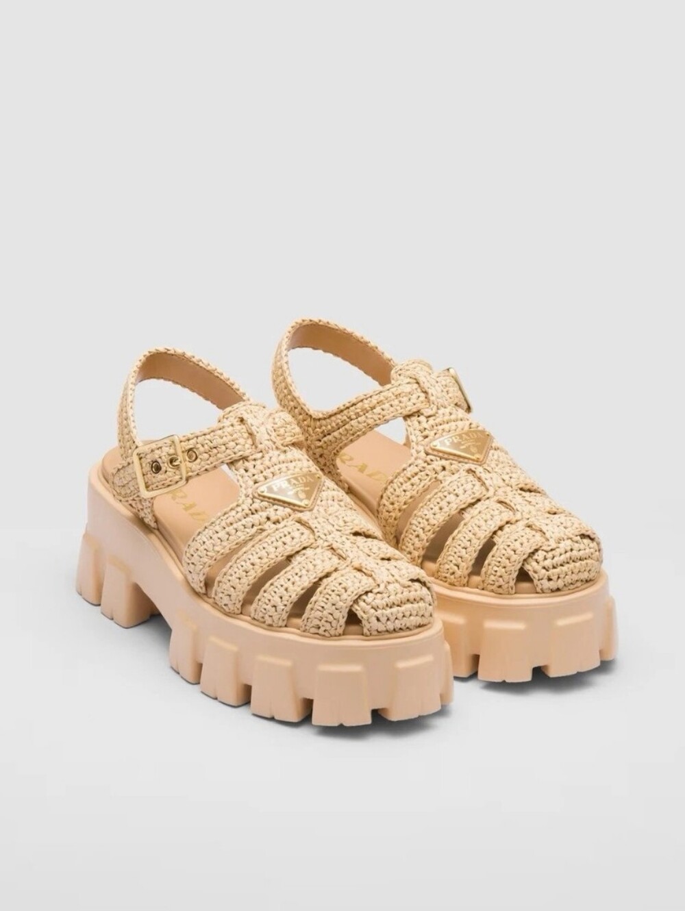 $1,590 Prada Monolith Crochet Lug Sole Cage Sandal Beige EU 39 US 9 BNIB